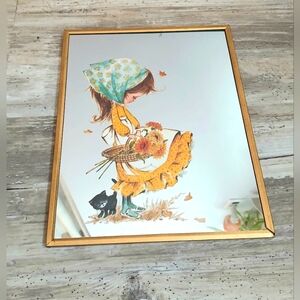 Vintage 1970s Holly Hobbie-Style Mirror – Girl with Basket & Kitten, 8×10